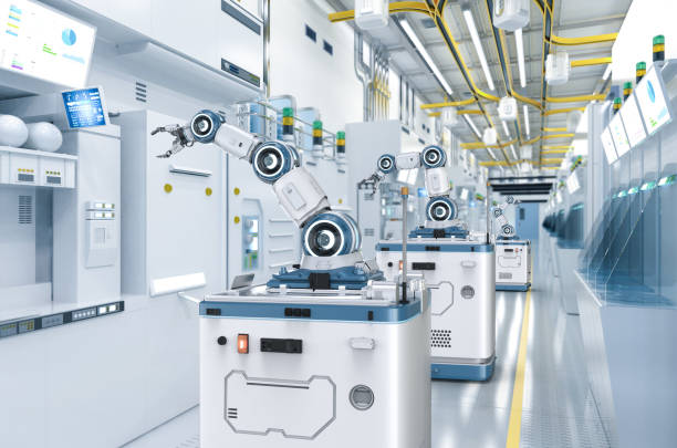 istock Automation semiconductor manufacturing with robotic arms in factory 1458668687