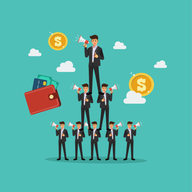 Ponzi scheme Business pyramid network Ponzi scheme Business pyramid network. Investors group as victims in fake company profit statistics Financial fraud Illegal investment scam. multi level marketing stock illustrations