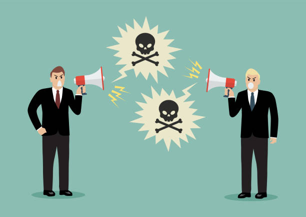 Two toxic businessman are shouting on each other with megaphones. vector art illustration