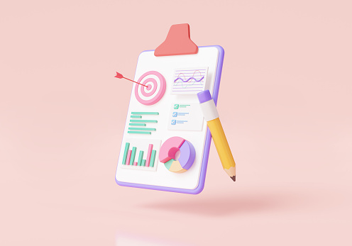Clipboard paper with Data analytics, SEO optimization, dashboard and report chart, checklist, graph analytic, target, optimization marketing. business financial concept. 3d icon render illustration