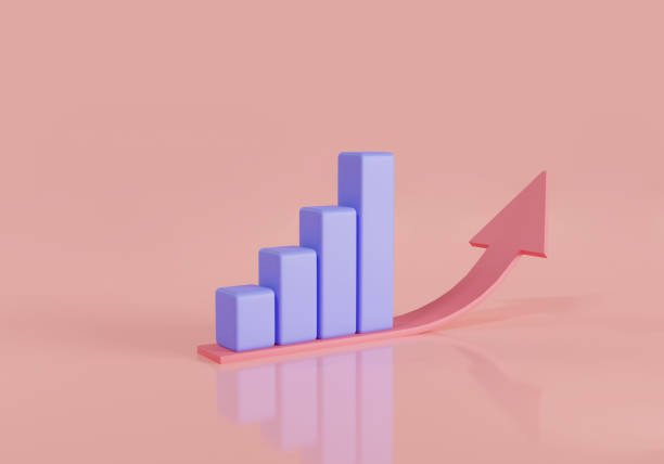istock Bar chart with arrow up icon isolated on pink background. Data analysis concept. Growing bars, statistic bar icon, growth business success. 3d render illustration. cartoon minimal style 1458673528