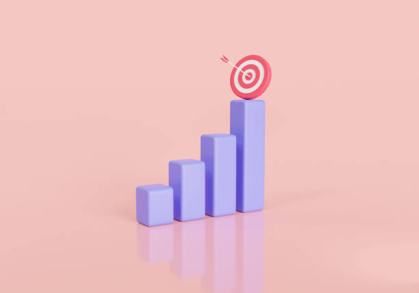 istock Bar chart graph with target on pink background. Business target concept. Financial growth, making goals and goal achievement, Successful development, 3d icon render illustration, cartoon minimal style 1458673530