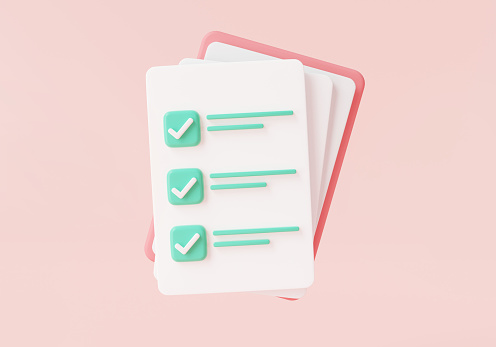 Clipboard with checklist icon on pink background. check marks on paper, Planning and organization of work, project plan, Document with check marks. business concept. 3d icon rendering illustration