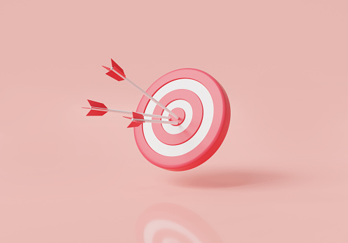 Target icon with arrows reaching the center, Darts target, target of business, business goals, planning, business strategy, Red aim, arrow. Success business Concept. 3d render illustration