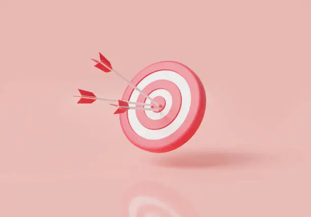 Target icon with arrows reaching the center, Darts target, target of business, business goals, planning, business strategy, Red aim, arrow. Success business Concept. 3d render illustration