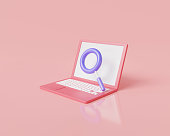 Laptop computer or notebook computer with magnifying glass on screen. Data analysis, search engine optimization or SEO, Monitoring icon, Web search. Cartoon minimal style. 3d rendering illustration