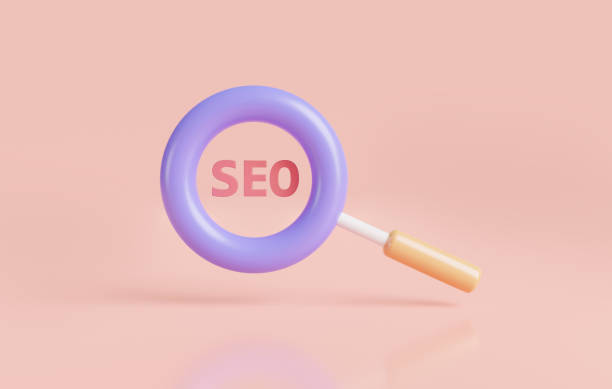 Text SEO with magnifying glass icon on pink background. Search Engine Optimization concept. Data analysis, Search engine, Strategy, advertising. Cartoon minimal style. 3d rendering illustration