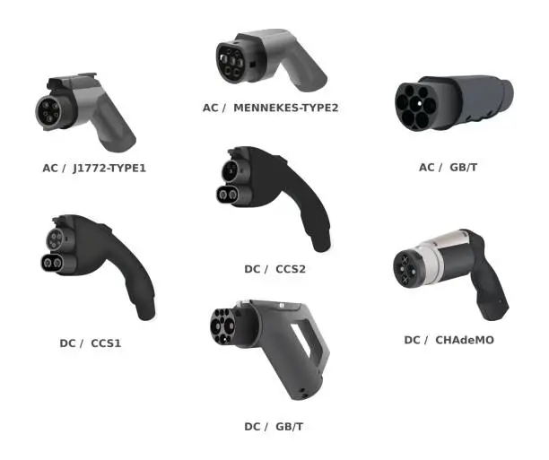 Vector illustration of Electric vehicle charging connector types, EV plugs, vector illustration isolated on white background