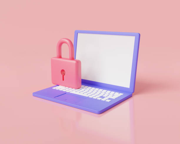 istock Laptop with padlock icon. Internet security shield lock concept.  Locked laptop screen, laptop protection, laptop or notebook security, Personal data security. 3d render illustration. cartoon minimal 1458674801