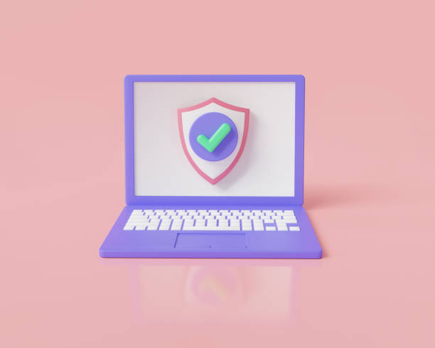 istock Laptop screen with shield protection icon with checkmark. Locked laptop screen, laptop protection, notebook security, personal data security. Security shield lock concept. 3d render illustration 1458674810