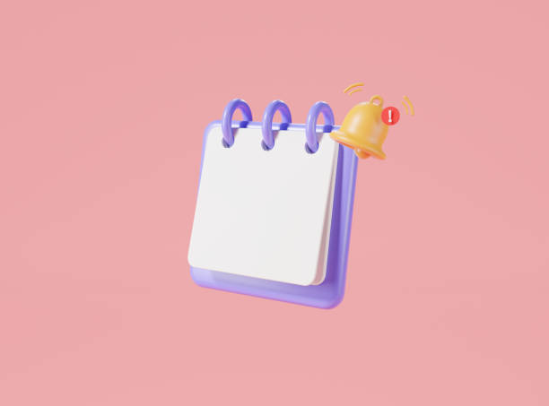 Reminder notification concept. 3d Rendering illustration of Note book icon with bell notification. reminder in calendar, reminder notification, events, Business planning, Sticky note, timetable concepto de notificación de recordatorio. ilustración de representación 3d del icono del libro de notas con notificación de campana. recordatorio en el calendario, notificación de recordatorio, eventos, planificación comercial, nota adhesiva, horario
