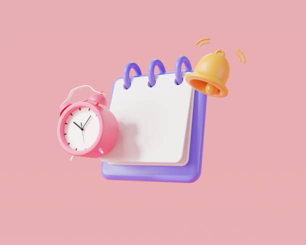 3d Rendering illustration of Note book icon with bell notification and clock alarm isolated on pink background, reminder in calendar, reminder notification, Sticky note. Reminder notification concept ilustración de representación 3d del icono del libro de notas con notificación de campana y alarma de reloj aislada sobre fondo rosa, recordatorio en el calendario, notificación de recordatorio, nota adhesiva. concepto de notificación de recordatorio