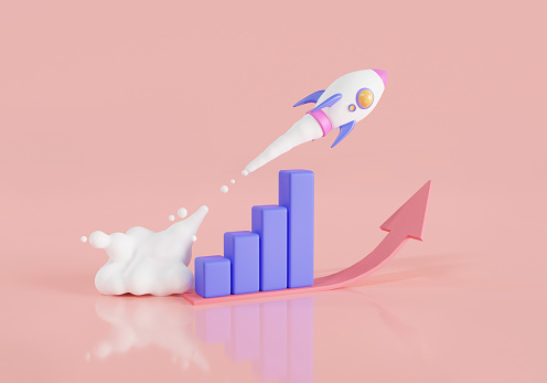 Barra gráfica de crecimiento con cohete subiendo hacia arriba. Tiempo de marketing, puesta en marcha de negocios, estrategia de éxito empresarial, lanzamiento exitoso de startup. Concepto de crecimiento empresarial. Ilustración de renderizado mínimo 3D photo