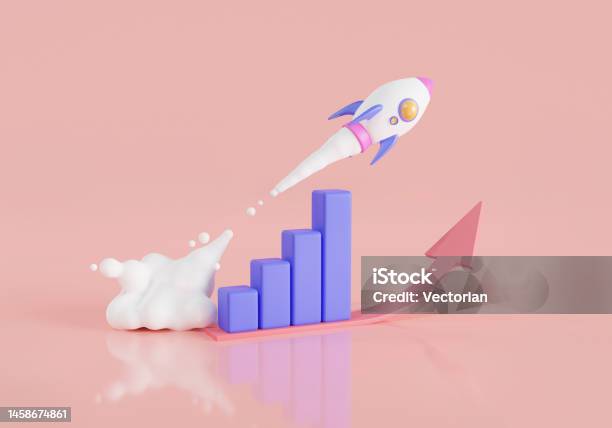 Growthing Graph Bar With Rocket Rising Moving Up Marketing Time Start Up Business Business Success Strategy Successful Launch Of Startup Business Growing Concept 3d Minimal Render Illustration Stock Photo - Download Image Now