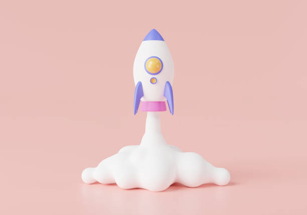 istock Rocket rising moving up with spewing smoke. Spaceship rocket, Startup, Spaceship in smoke clouds, Start up business, Rocket launch. Business startup concept. 3d render illustration. cartoon minimal 1458674880