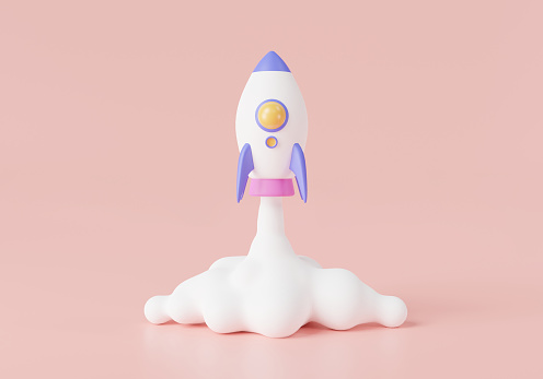 Rocket rising moving up with spewing smoke. Spaceship rocket, Startup, Spaceship in smoke clouds, Start up business, Rocket launch. Business startup concept. 3d render illustration. cartoon minimal