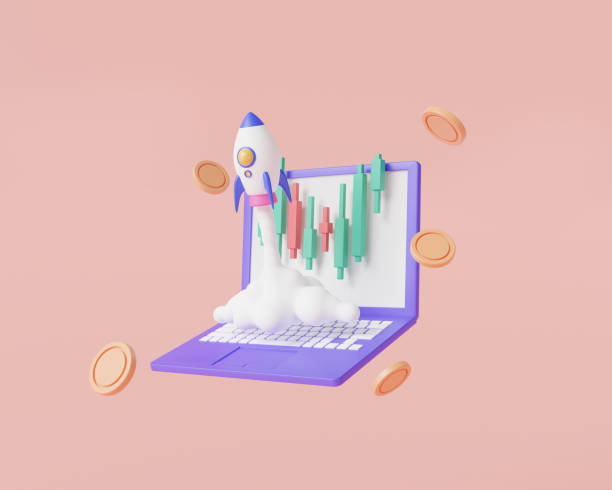 Rocket rising moving up spewing smoke with Stock market graph chart on laptop. Spaceship rocket, growth statistics trading, Bitcoin spaceship. Business startup concept. 3d minimal render illustration cohete subiendo arrojando humo con gráfico del mercado de valores en la computadora portátil. cohete de nave espacial, comercio de estadísticas de crecimiento, nave espacial bitcoin. concepto de inicio de negocio. ilustración de renderizado mínimo 3d