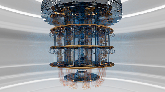 Ordenador cuántico en habitación blanca con estructura lineal anómala azul photo