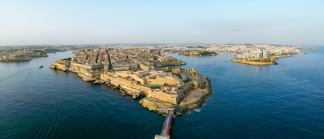 The capital city of Valletta, Malta, seen from above at sunrise.