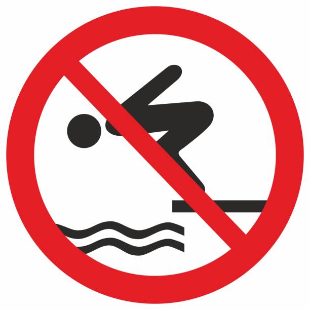 no skipping to the water, no diving, red sign, eps. no jumping into the water, no diving, red circle frame, vector sign swimming protection stock illustrations