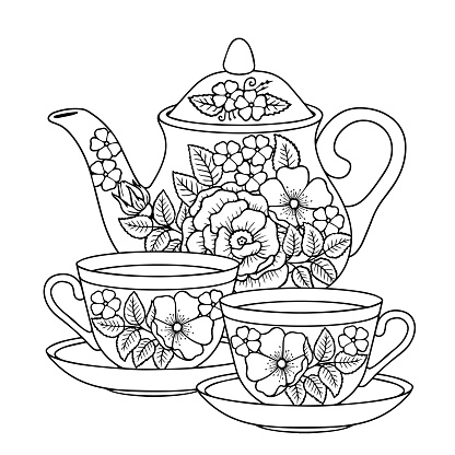 Vector coloring book page for adult. Black and white illustration of Tea service with an elegant floral ornament. Cup and teapot on white background