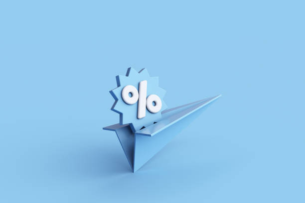 Plane with discount sale tag on blue background