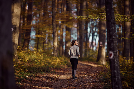 Back view of female athlete walking during autumn day in nature. Copy space.