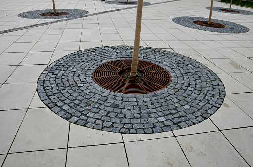 the trees planted on a large paved area of the pedestrian zone need to breathe roots and therefore there are lattice circle shaped. bench with planks placed vertically, chair, park bench