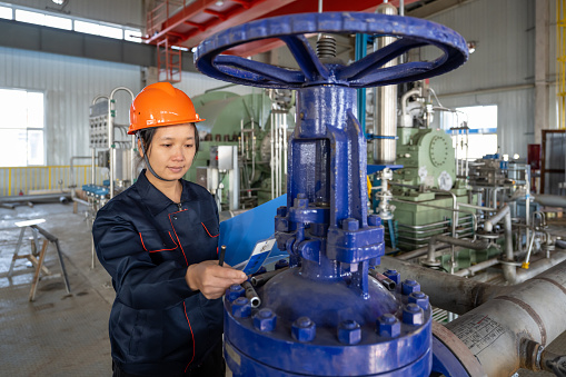 A female technician works in a chemical plant