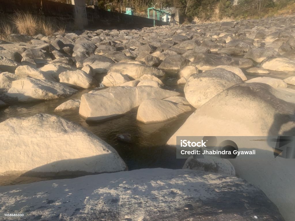 Stone riprap design These type of Stone riprap design is used for  Hydropower plant in Nepal Architecture Stock Photo