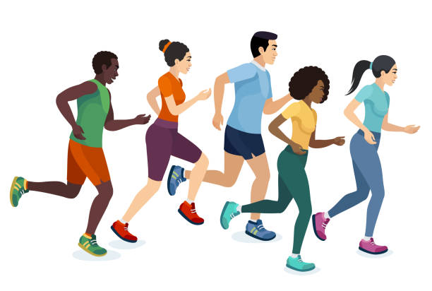 illustrations, cliparts, dessins animés et icônes de groupe multiethnique dirigeant des personnes, hommes et femmes. - running jogging asian ethnicity women