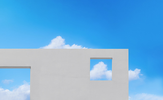 Wall Concrete Texture with open window against clouds and blue sky background, Exterior White paint Cement wall building, Minimal Modern architecture with square frame in Spring or Summer sky