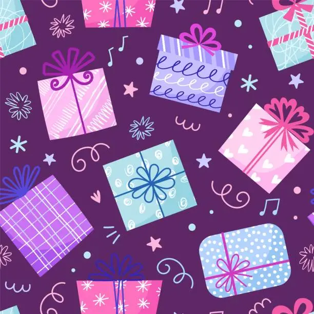 Vector illustration of Gifts seamless pattern. Colorful present boxes print, doodle style, decorative wrapping paper, birthday party elements, vector illustration