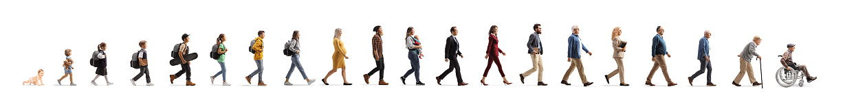 Group of people walking, from a baby to a senior, isolated on white background