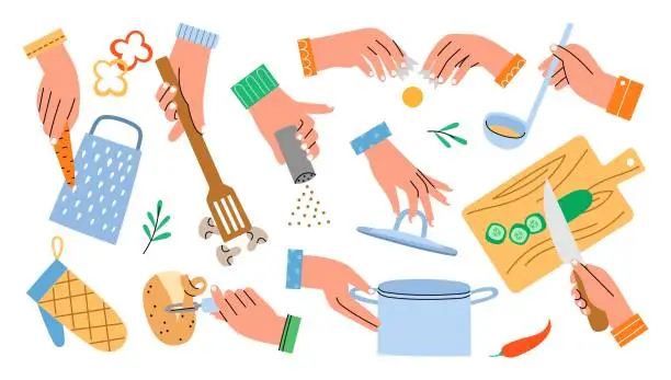 Vector illustration of human arms hold kitchen accessories. Preparing food process, hands cutting vegetables on board, peeling potatoes, cooking time, vector set