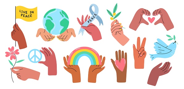 Human arms with signs. Peace and love symbols in hands, stop war concept, olive branch, rainbow and heart, cute stickers design, vector set
