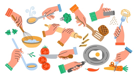 Human hands with kitchen accessories. Cooking process, food preparing, fried eggs in pan, whisk whites with whisk in bowl, vector set