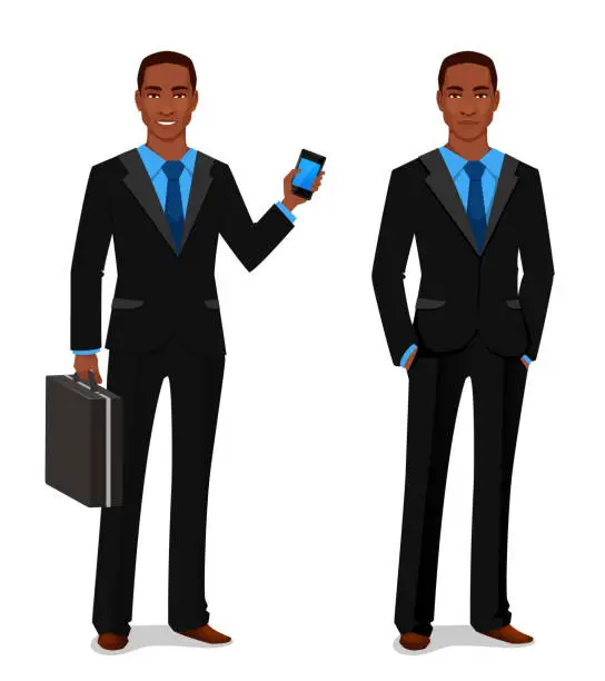 Vector illustration of smiling African American businessman in elegant suit, holding a briefcase and a cell phone