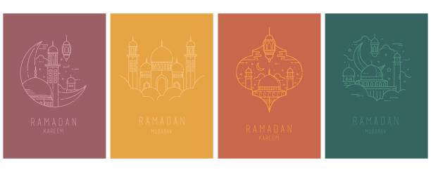 Ramadan kareem Islamic line art greeting card with retro boho design Ramadan Kareem. Islamic greeting card template with ramadan for wallpaper design. Poster, media banner ramadan-kareem stock illustrations