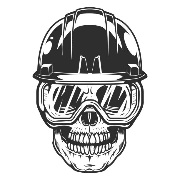 New construction builder skull in hard hat and safety glasses from business remodeling house vintage style illustration