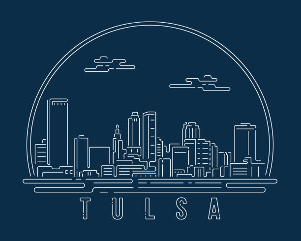 tulsa - stadtbild mit weißer abstrakter linie eckkurve moderner stil auf dunkelblauem hintergrund, gebäude skyline city vektor illustration design - tulsa stock-grafiken, -clipart, -cartoons und -symbole