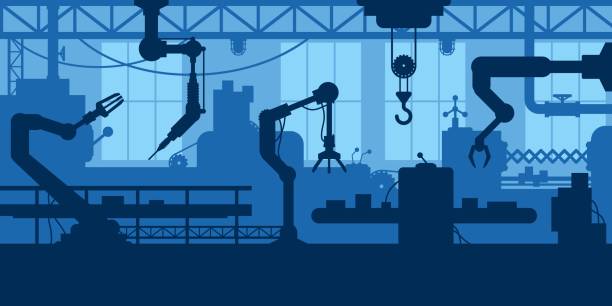 Factory interior silhouette. Car manufacturing process, industrial machine workshop with robotic arm conveyor assembly line. Vector landscape background Factory interior silhouette. Car manufacturing process, industrial machine workshop with robotic arm conveyor assembly line. Vector background of factory business design and interior illustration pipe silhouettes stock illustrations