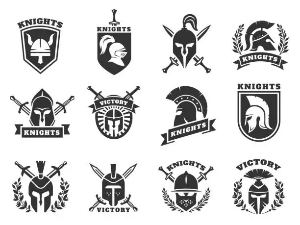 Vector illustration of 2212.m10.i015.n022.S.c15.642241624 Knight helmet logo. Medieval ancient crusader viking soldier protective head armor with crossed swords shield for label emblem badge. Vector set