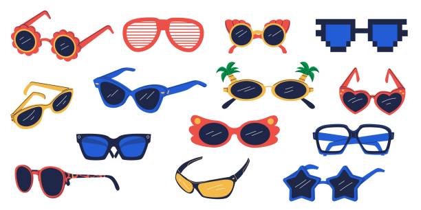 Party glasses. Funny sunglasses hippy groovy psychedelic retro style, cartoon geometric fashion eyewear icons different frames and forms. Vector collection Party glasses. Funny sunglasses hippy groovy psychedelic retro style, cartoon geometric fashion eyewear icons different frames and forms. Vector collection of glasses to party illustration eyeglasses illustration stock illustrations