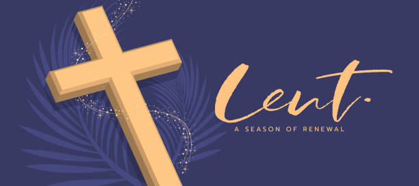 Lent a season of renewal - 3D Gold Cross crucifix with line star wink roll around on palm leaves texture purple background vector design Lent a season of renewal - 3D Gold Cross crucifix with line star wink roll around on palm leaves texture purple background vector design lent season stock illustrations