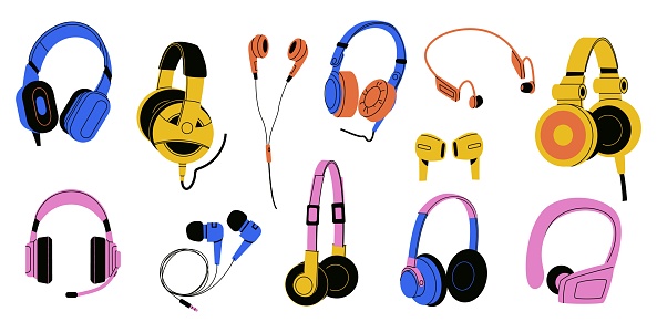 Headphones collection. Cartoon wired and wireless earphones, audio electronic equipment for music listening, device accessory. Vector isolated set of equipment sound and music speaker illustration