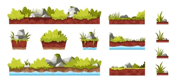 Vector illustration of Grass and rocks. Cartoon doodle stones bush tree leaves moss shrub, natural forest garden plant elements different shapes for game asset. Vector isolated of grass stone of landscape illustration