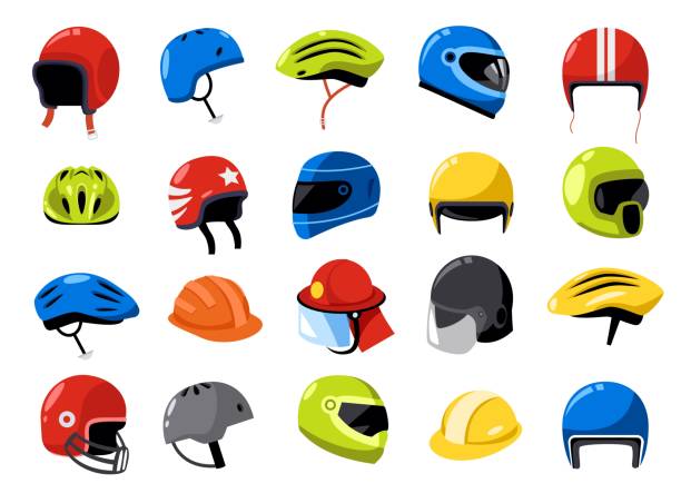 illustrazioni stock, clip art, cartoni animati e icone di tendenza di collezione di caschi. motociclista del fumetto pilota di costruzione sportiva cappelli di sicurezza dei lavoratori, stile piatto del concetto di protezione della testa. set isolato vettoriale dell'illustrazione del casco di protezione dell'attrezzatura - casco protettivo da sport