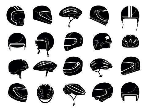 Motorcycle helmets silhouette. Monochrome racing headgear equipment for car motorbike bicycle driver, head protection for ride. Vector set of motorcycle helmets silhouette for sport illustration