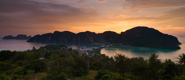 Famous sunset viewing spot on Phi Phi island. Tourists visit this place every day to see the sunset. Phi Phi Island. Krabi, Thailand